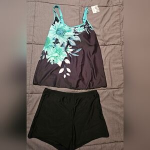 Floral Print Bikini Set - Black and Blue Tankini And Shorts Women's Xl